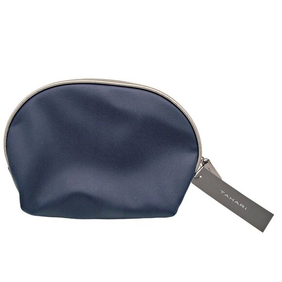 NEW Tahari Womens Navy/Pewter Travel Dome Cosmetic Case Make Up Bag Zip Closure - Picture 1 of 10